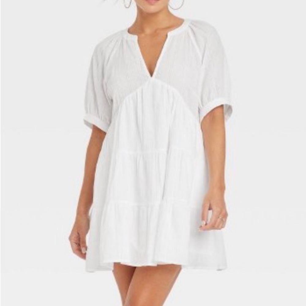 Universal Thread Puff Elbow Sleeve Crinkle Tiered Dress